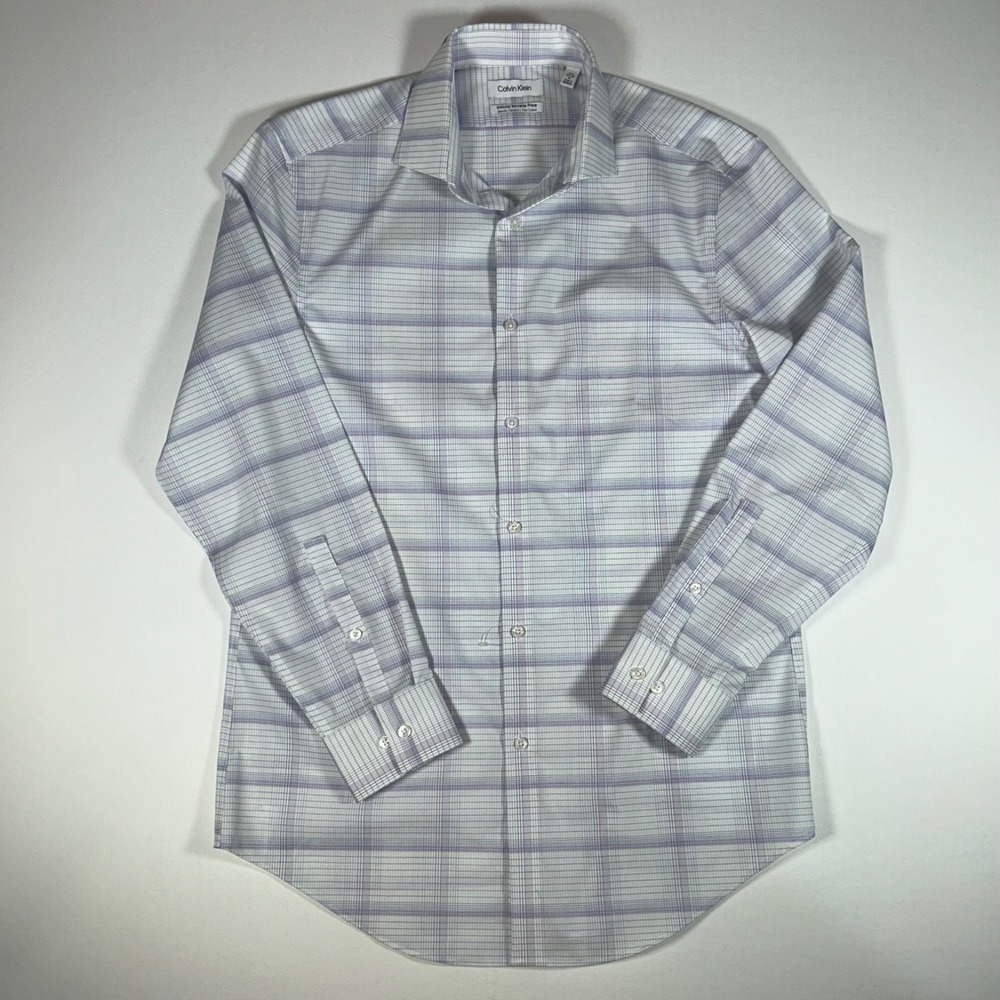 Calvin Klein Infinite Wrinkle Free Dress Shirt 15.5 32/33 Slim Fit Stretch Plaid